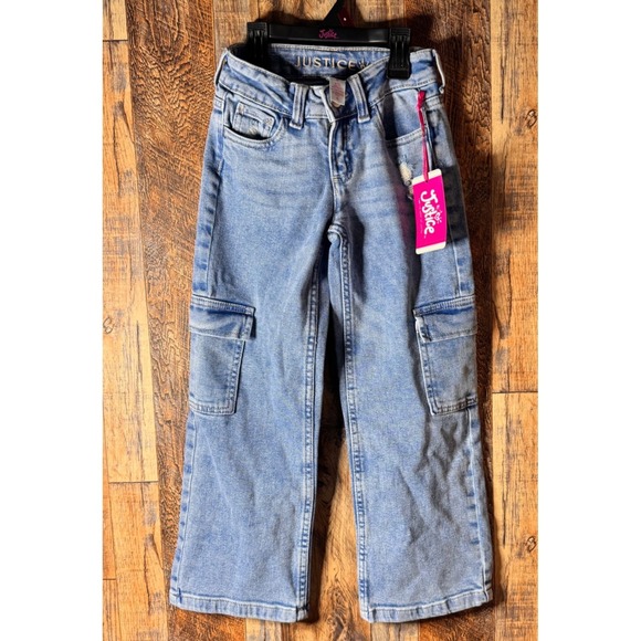 Justice Other - Justice Girls Denim Cargo Pants Size 6 Light Wash Pockets Adjustable Waist Jeans
